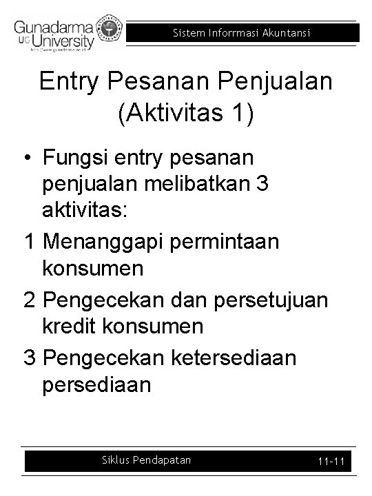 Sistem Inforrmasi Akuntansi Entry Pesanan Penjualan (Aktivitas 1) • Fungsi entry pesanan penjualan melibatkan