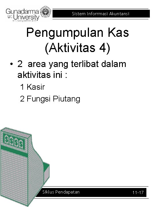 Sistem Inforrmasi Akuntansi Pengumpulan Kas (Aktivitas 4) • 2 area yang terlibat dalam aktivitas