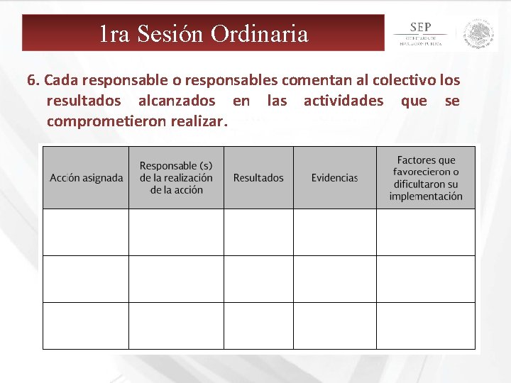 1 ra Sesión Ordinaria 6. Cada responsable o responsables comentan al colectivo los resultados