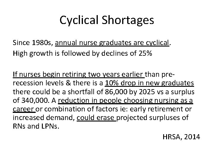 Cyclical Shortages Since 1980 s, annual nurse graduates are cyclical. High growth is followed