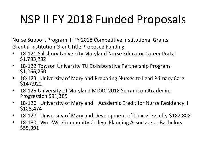 NSP II FY 2018 Funded Proposals Nurse Support Program II: FY 2018 Competitive Institutional