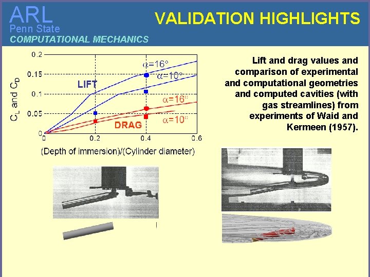 ARL Penn State VALIDATION HIGHLIGHTS COMPUTATIONAL MECHANICS Lift and drag values and comparison of