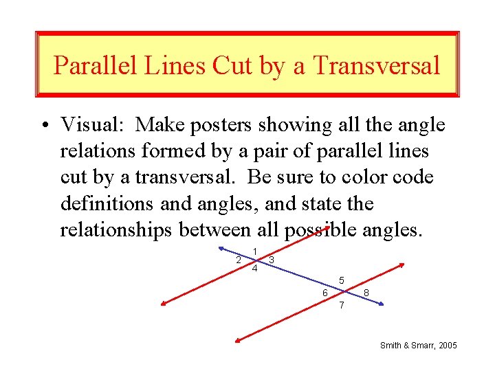 Parallel Lines Cut by a Transversal • Visual: Make posters showing all the angle