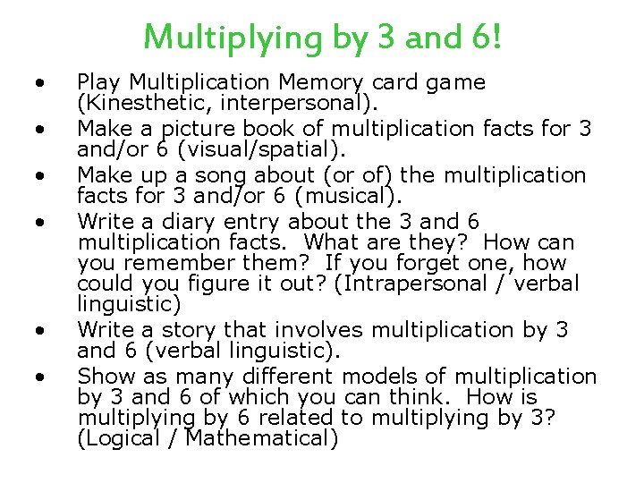 Multiplying by 3 and 6! • • • Play Multiplication Memory card game (Kinesthetic,