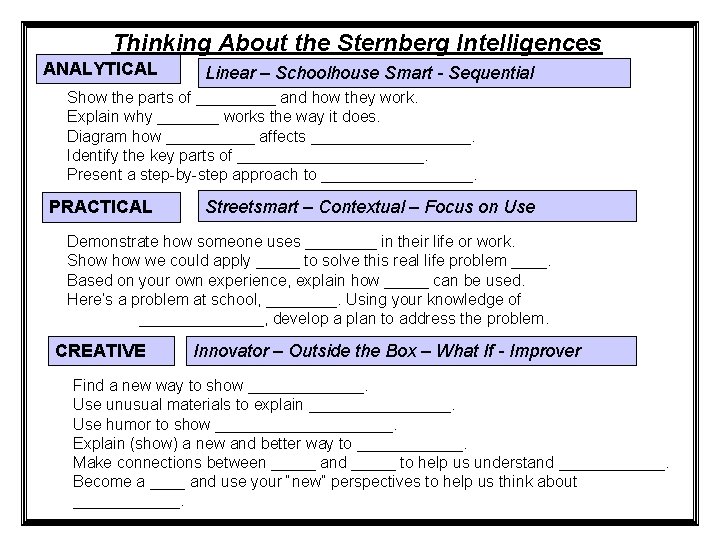 Thinking About the Sternberg Intelligences ANALYTICAL Linear – Schoolhouse Smart - Sequential Show the