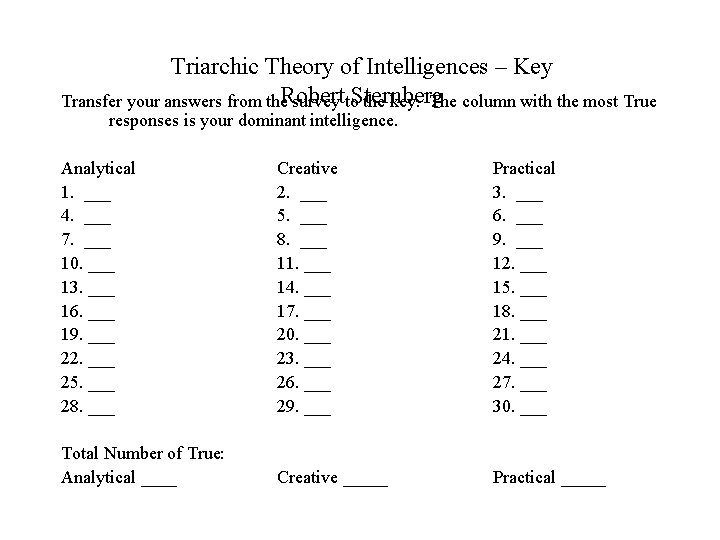 Triarchic Theory of Intelligences – Key Transfer your answers from the. Robert survey to.