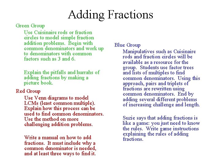 Adding Fractions Green Group Use Cuisinaire rods or fraction circles to model simple fraction