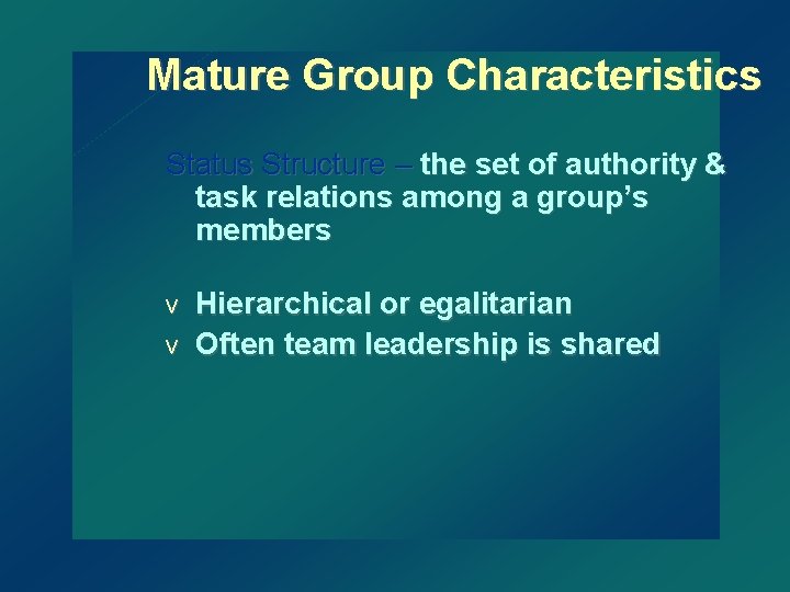 Mature Group Characteristics Status Structure – the set of authority & task relations among