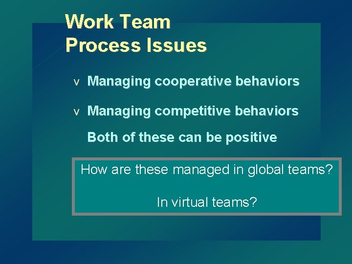 Work Team Process Issues v Managing cooperative behaviors v Managing competitive behaviors Both of