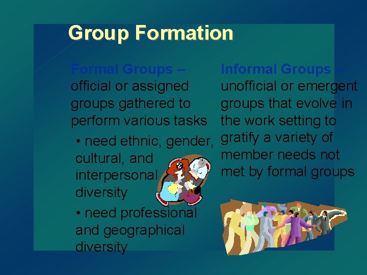 Group Formation Formal Groups – official or assigned groups gathered to perform various tasks