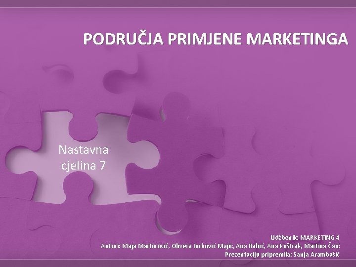 PODRUČJA PRIMJENE MARKETINGA Nastavna cjelina 7 Udžbenik: MARKETING 4 Autori: Maja Martinović, Olivera Jurković