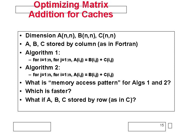 Optimizing Matrix Addition for Caches • Dimension A(n, n), B(n, n), C(n, n) •