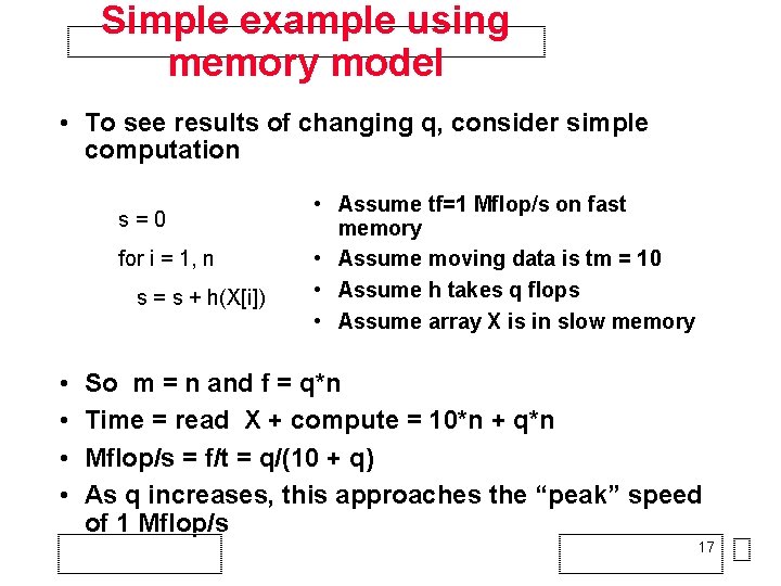 Simple example using memory model • To see results of changing q, consider simple