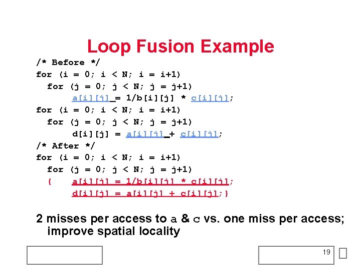 Loop Fusion Example /* Before */ for (i = 0; i < N; i