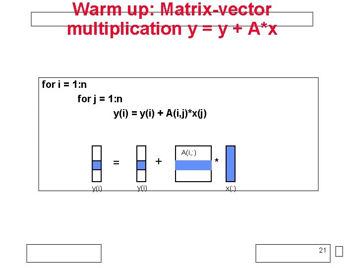 Warm up: Matrix-vector multiplication y = y + A*x for i = 1: n