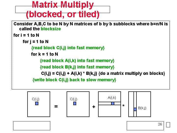 Matrix Multiply (blocked, or tiled) Consider A, B, C to be N by N