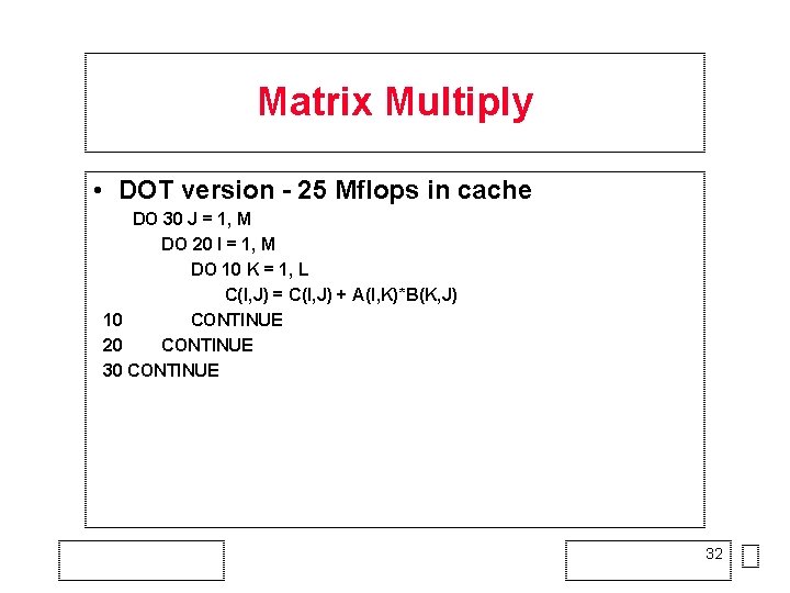 Matrix Multiply • DOT version - 25 Mflops in cache DO 30 J =