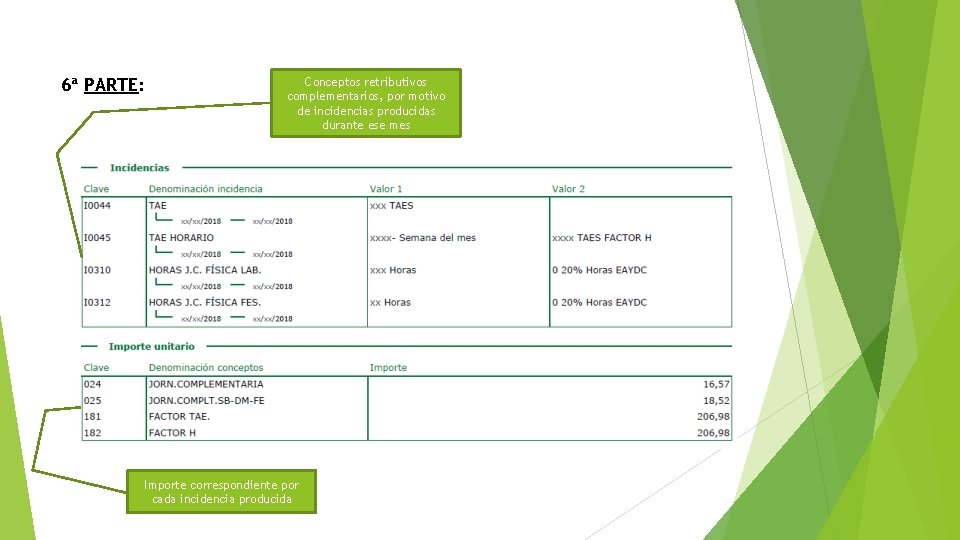 6ª PARTE: Conceptos retributivos complementarios, por motivo de incidencias producidas durante ese mes Importe