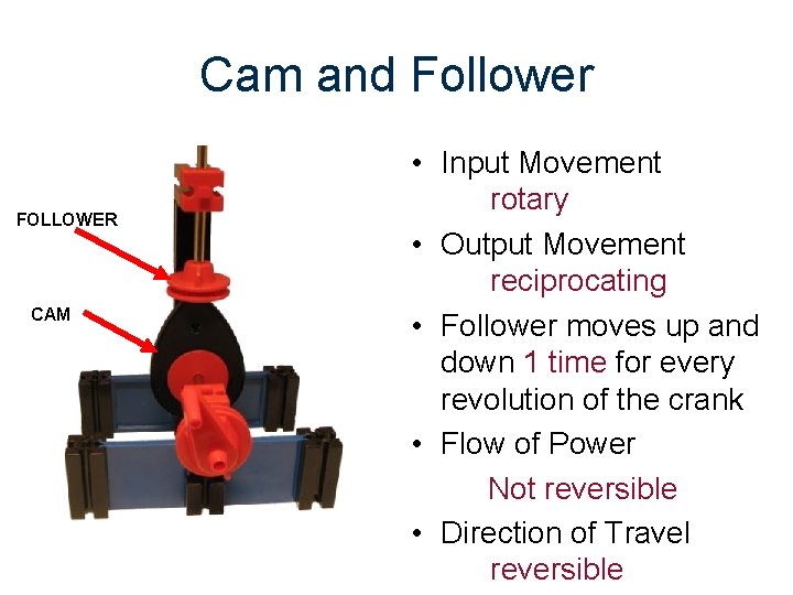 Cam and Follower FOLLOWER CAM • Input Movement rotary • Output Movement reciprocating •