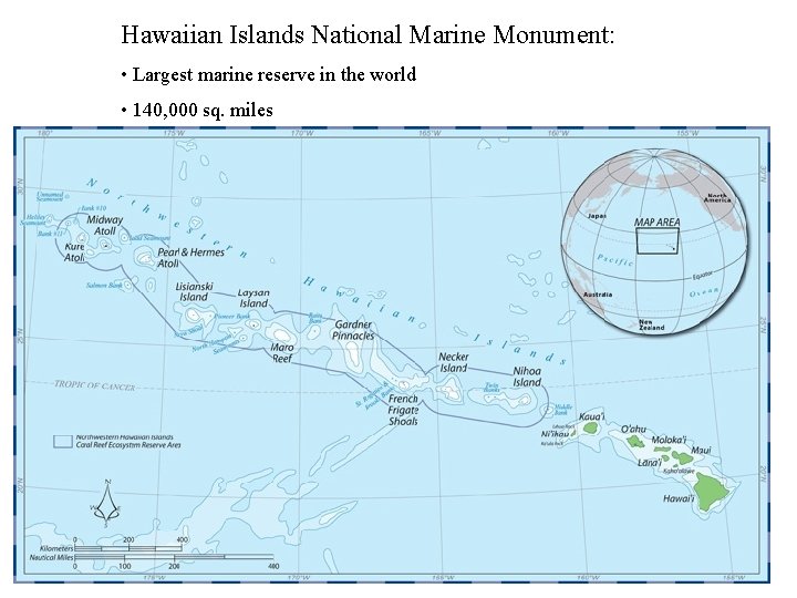 Hawaiian Islands National Marine Monument: • Largest marine reserve in the world • 140,