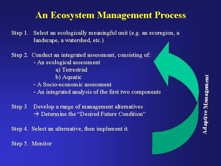 An Ecosystem Management Process Step 2. Conduct an integrated assessment, consisting of: - An