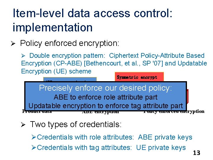 Item-level data access control: implementation Ø Policy enforced encryption: Ø Double encryption pattern: Ciphertext
