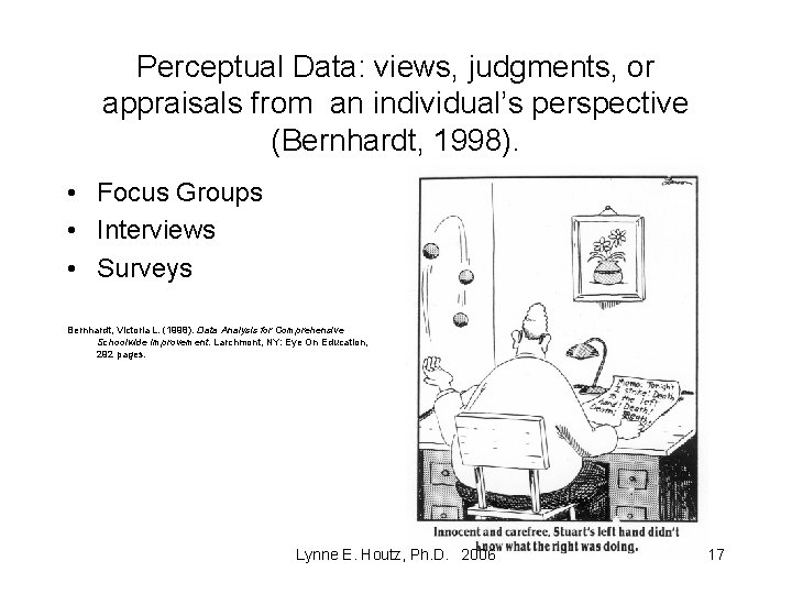 Perceptual Data: views, judgments, or appraisals from an individual’s perspective (Bernhardt, 1998). • Focus