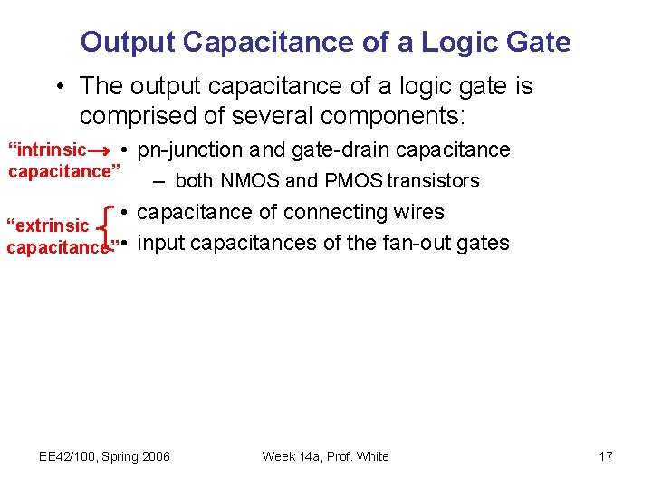 Output Capacitance of a Logic Gate • The output capacitance of a logic gate