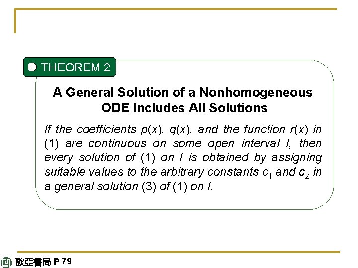 THEOREM 2 A General Solution of a Nonhomogeneous ODE Includes All Solutions If the