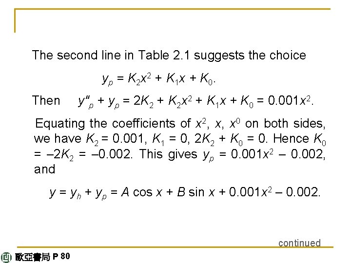 The second line in Table 2. 1 suggests the choice yp = K 2