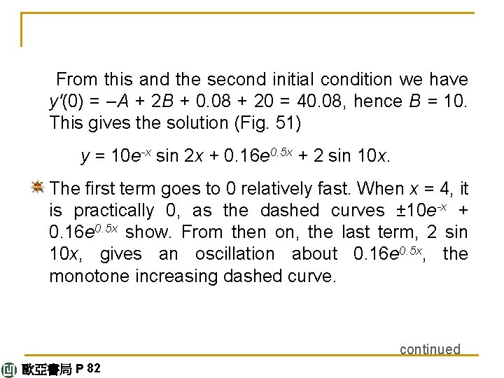 From this and the second initial condition we have y'(0) = –A + 2