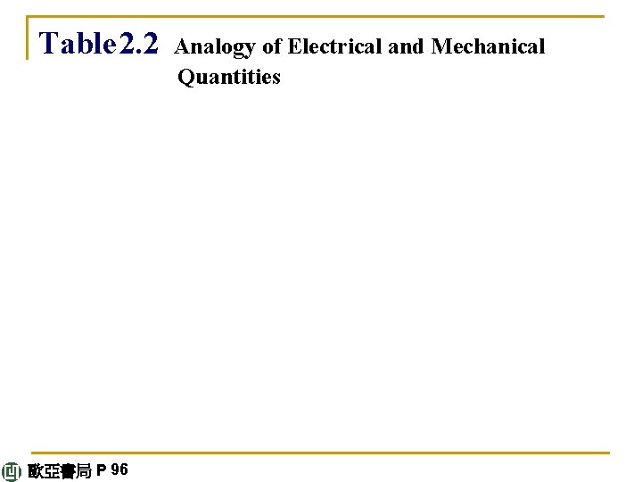 Table 2. 2 歐亞書局 P 96 Analogy of Electrical and Mechanical Quantities 