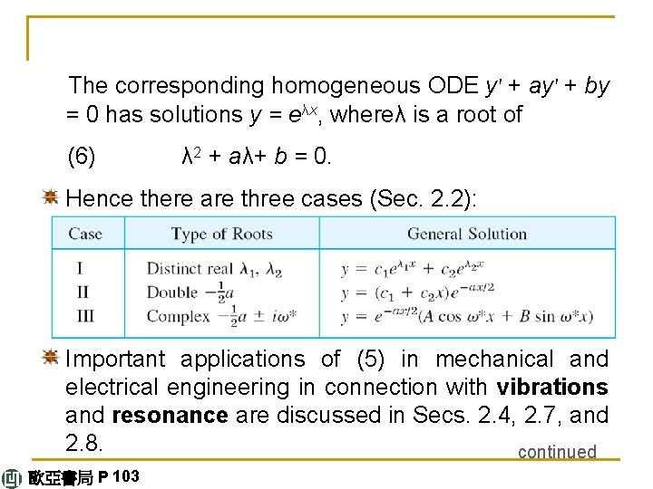 The corresponding homogeneous ODE y' + ay' + by = 0 has solutions y