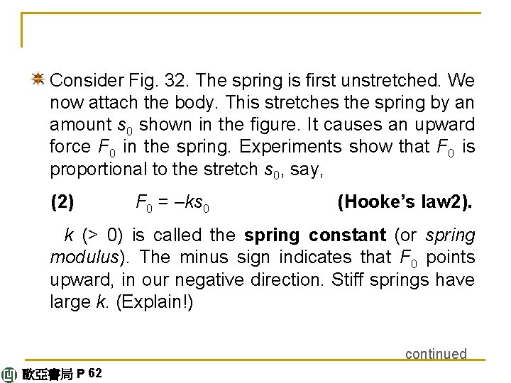 Consider Fig. 32. The spring is first unstretched. We now attach the body. This