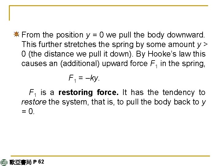 From the position y = 0 we pull the body downward. This further stretches