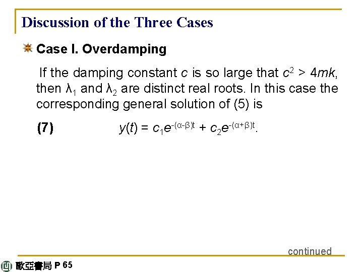 Discussion of the Three Cases Case I. Overdamping If the damping constant c is