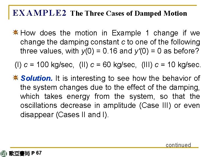 E X A M P L E 2 The Three Cases of Damped Motion