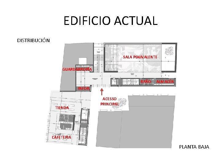 EDIFICIO ACTUAL DISTRIBUCIÓN SALA POLIVALENTE GUARDARROPÍA BAÑO ALMACÉN INFOR. TIENDA ACESSO PRINCIPAL CAFETERIA PLANTA