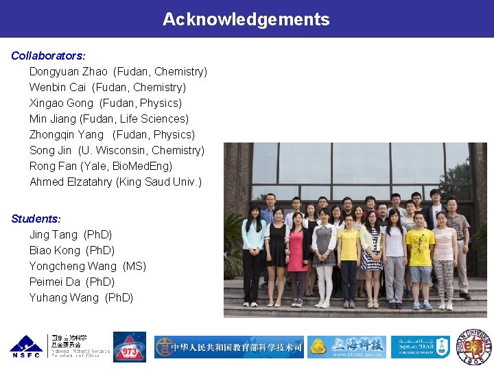 Acknowledgements Collaborators: Dongyuan Zhao (Fudan, Chemistry) Wenbin Cai (Fudan, Chemistry) Xingao Gong (Fudan, Physics)