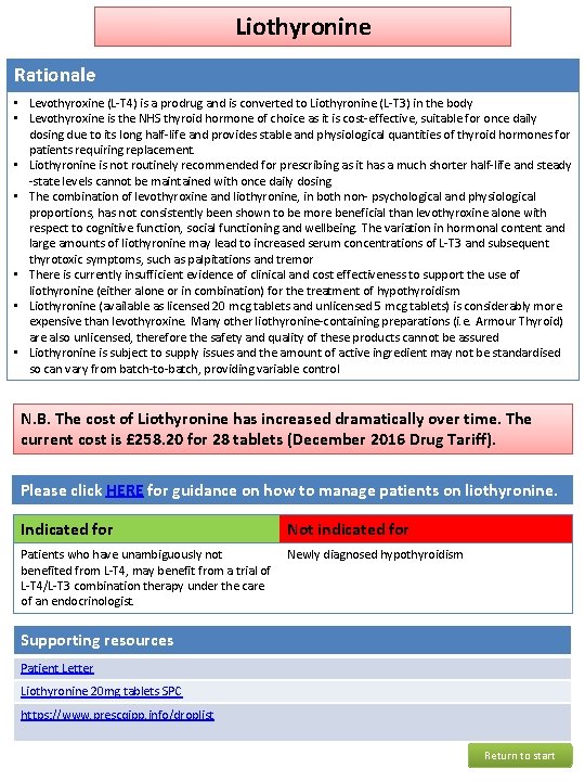 Liothyronine Rationale • Levothyroxine (L-T 4) is a prodrug and is converted to Liothyronine Liothyronine Rationale • Levothyroxine (L-T 4) is a prodrug and is converted to Liothyronine