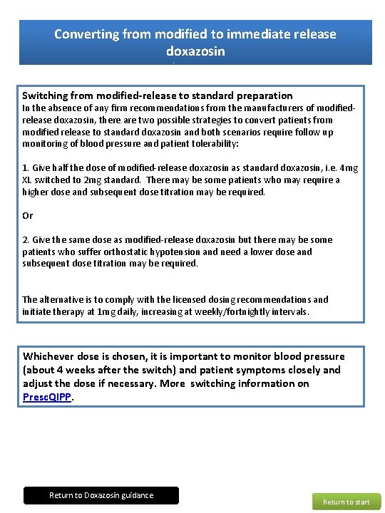 Converting from modified to immediate release doxazosin Switching from modified-release to standard preparation In Converting from modified to immediate release doxazosin Switching from modified-release to standard preparation In