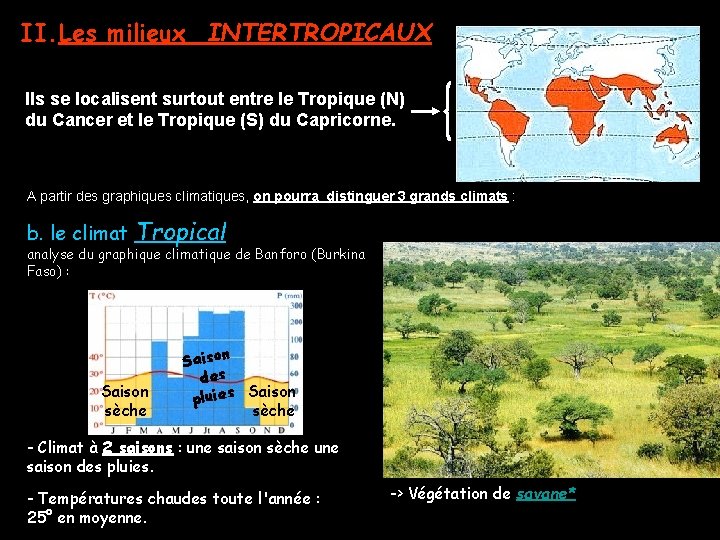 II. Les milieux INTERTROPICAUX Ils se localisent surtout entre le Tropique (N) du Cancer