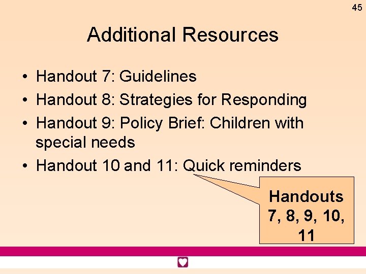 45 Additional Resources • Handout 7: Guidelines • Handout 8: Strategies for Responding •