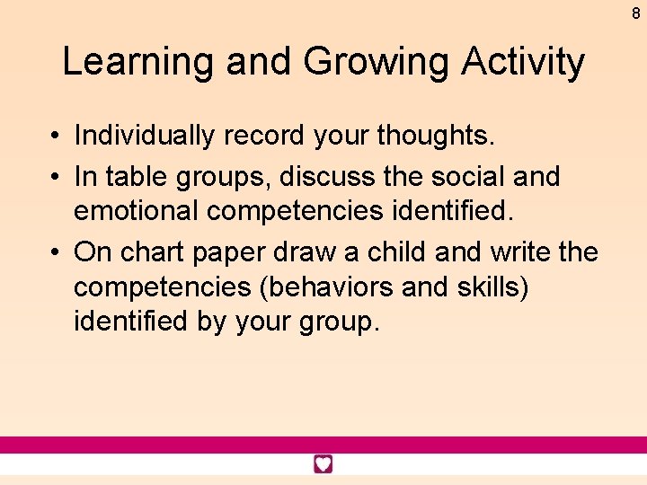 8 Learning and Growing Activity • Individually record your thoughts. • In table groups,