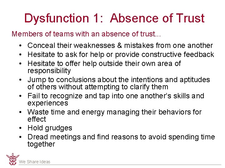 Dysfunction 1: Absence of Trust Members of teams with an absence of trust. .