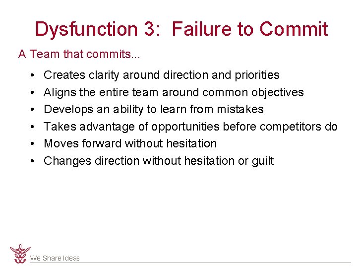 Dysfunction 3: Failure to Commit A Team that commits. . . • • • Dysfunction 3: Failure to Commit A Team that commits. . . • • •