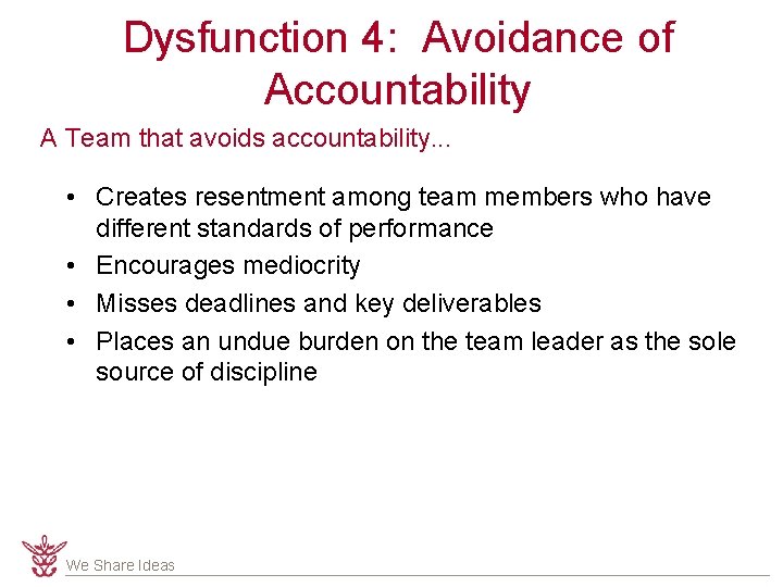 Dysfunction 4: Avoidance of Accountability A Team that avoids accountability. . . • Creates