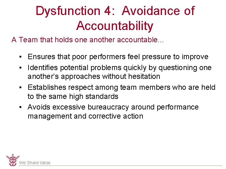 Dysfunction 4: Avoidance of Accountability A Team that holds one another accountable. . . Dysfunction 4: Avoidance of Accountability A Team that holds one another accountable. . .