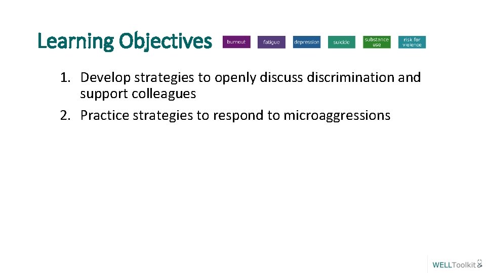 Learning Objectives 1. Develop strategies to openly discuss discrimination and support colleagues 2. Practice