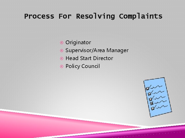 Process For Resolving Complaints Originator Supervisor/Area Manager Head Start Director Policy Council 
